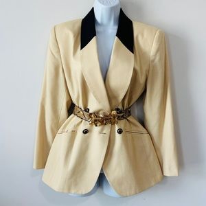 Vintage Cream & Black Contrast Double Breasted Blazer By Kasper for A.S.L